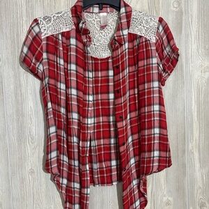 Red Plaid Button-Up Shirt with Lace Detail